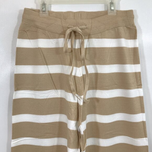 Comfy High Waist Wide Leg Knit Lounge Pants Tan White Striped Women M - Picture 9 of 14